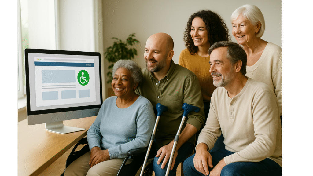 A diverse group of five smiling adults, including a woman in a wheelchair and a man with crutches, gather around a computer displaying a website with an accessibility icon, discussing topics like was ist das Barrierefreiheitsstärkungsgesetz.