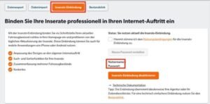 Screenshot of a German website section titled Inserats-Einbindung with instructions for integrating advertisements, a list of benefits, and fields for username and password. An orange button for deactivation is also visible.