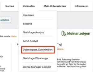 Screenshot of a dropdown menu on a website showing options like Inserieren, Bestand, Nachfrage-Analyse, with Datenexport, Datenimport highlighted in red. The kleinanzeigen logo is visible on the right side.